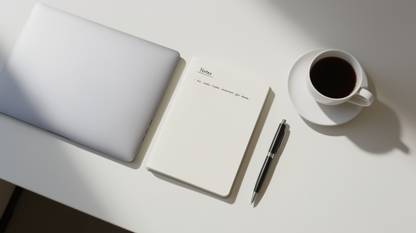 Desk with notebook, laptop and coffee cup in a bright office