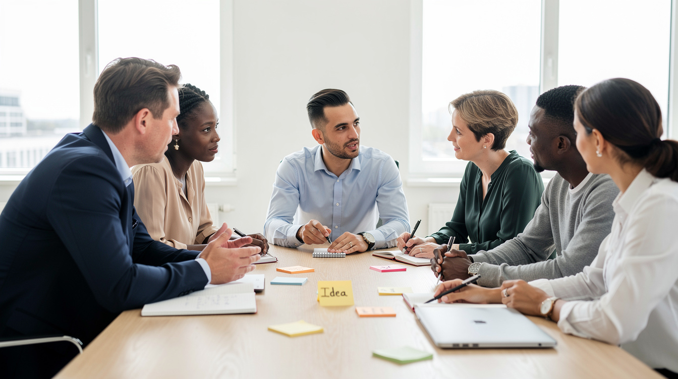 Diverse group of professionals discussing around a table during a workshop